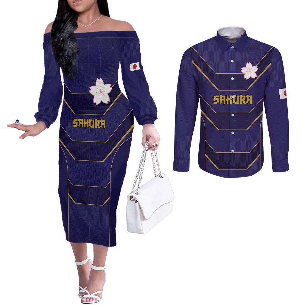 Japan Pacific Rugby 2022-23 Custom Couples Matching Off The Shoulder Long Sleeve Dress and Long Sleeve Button Shirt Blue Sakura Japanese Wave Pattern LT9 Blue - Polynesian Pride