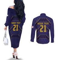 Japan Pacific Rugby 2022-23 Custom Couples Matching Off The Shoulder Long Sleeve Dress and Long Sleeve Button Shirt Blue Sakura Japanese Wave Pattern LT9 - Polynesian Pride