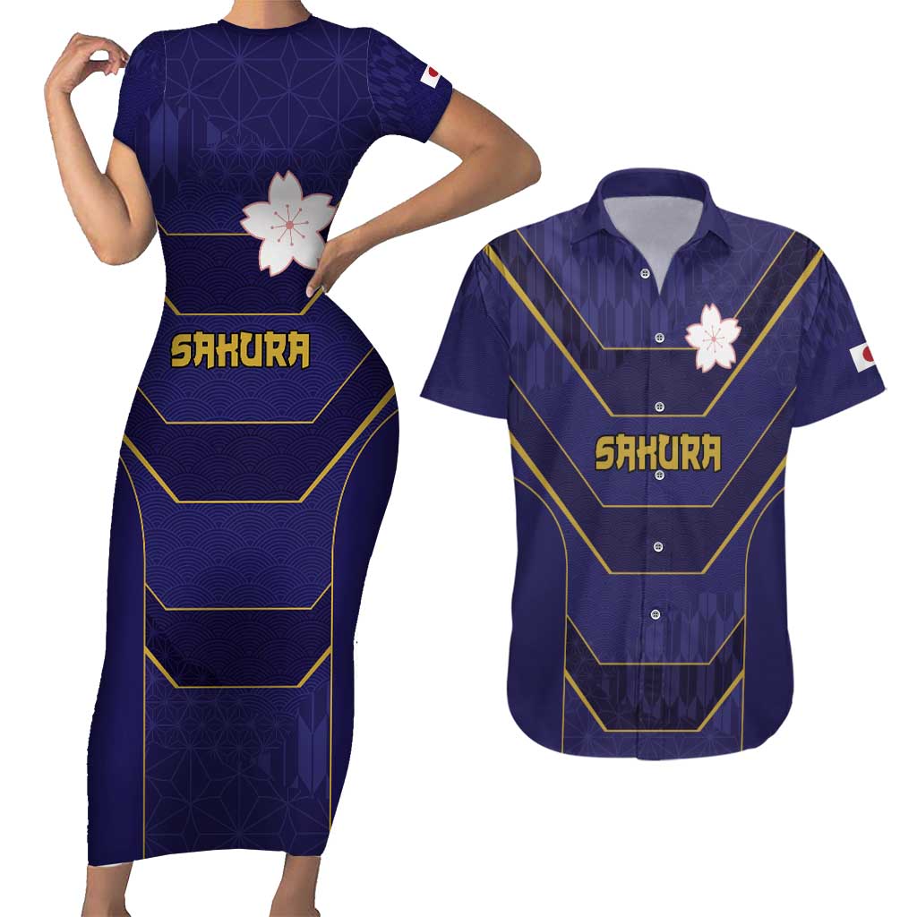 Japan Pacific Rugby 2022-23 Custom Couples Matching Short Sleeve Bodycon Dress and Hawaiian Shirt Blue Sakura Japanese Wave Pattern