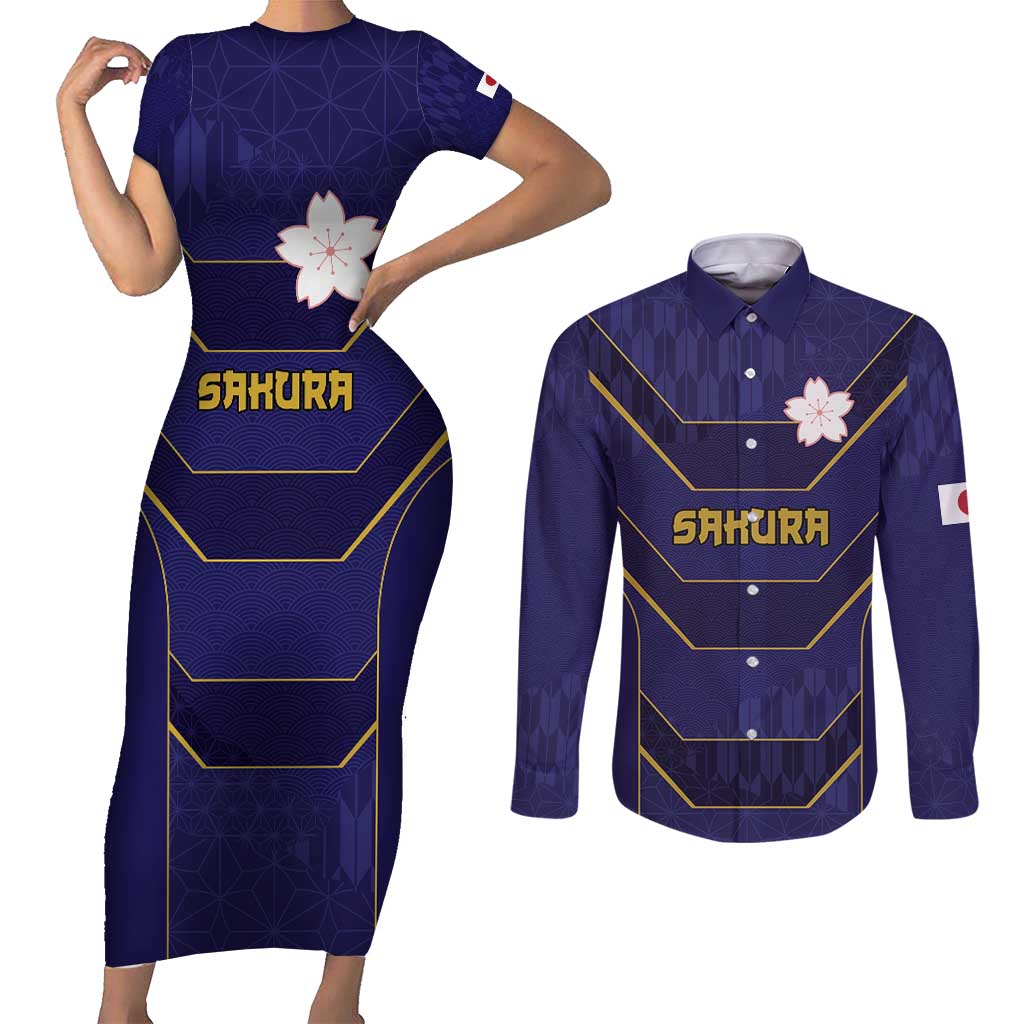 Japan Pacific Rugby 2022-23 Custom Couples Matching Short Sleeve Bodycon Dress and Long Sleeve Button Shirt Blue Sakura Japanese Wave Pattern LT9 Blue - Polynesian Pride