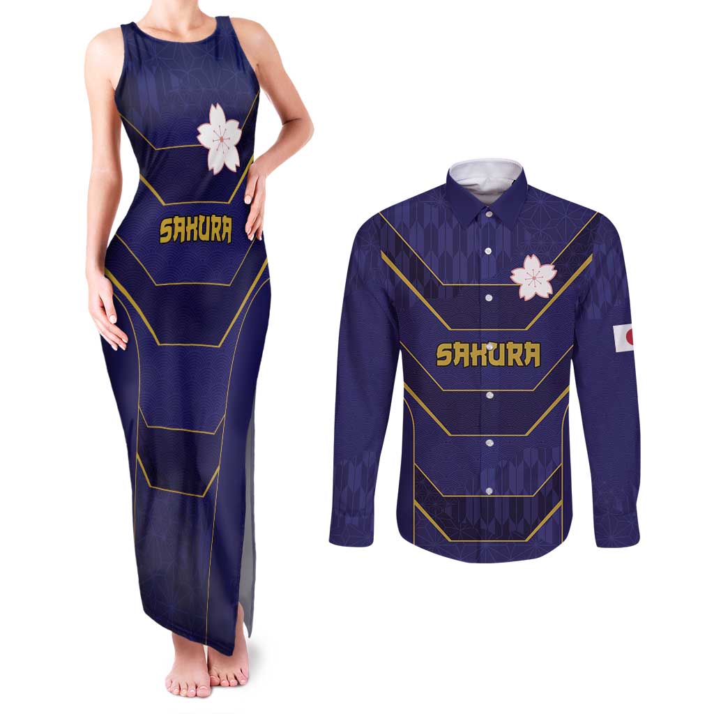 Japan Pacific Rugby 2022-23 Custom Couples Matching Tank Maxi Dress and Long Sleeve Button Shirt Blue Sakura Japanese Wave Pattern LT9 Blue - Polynesian Pride