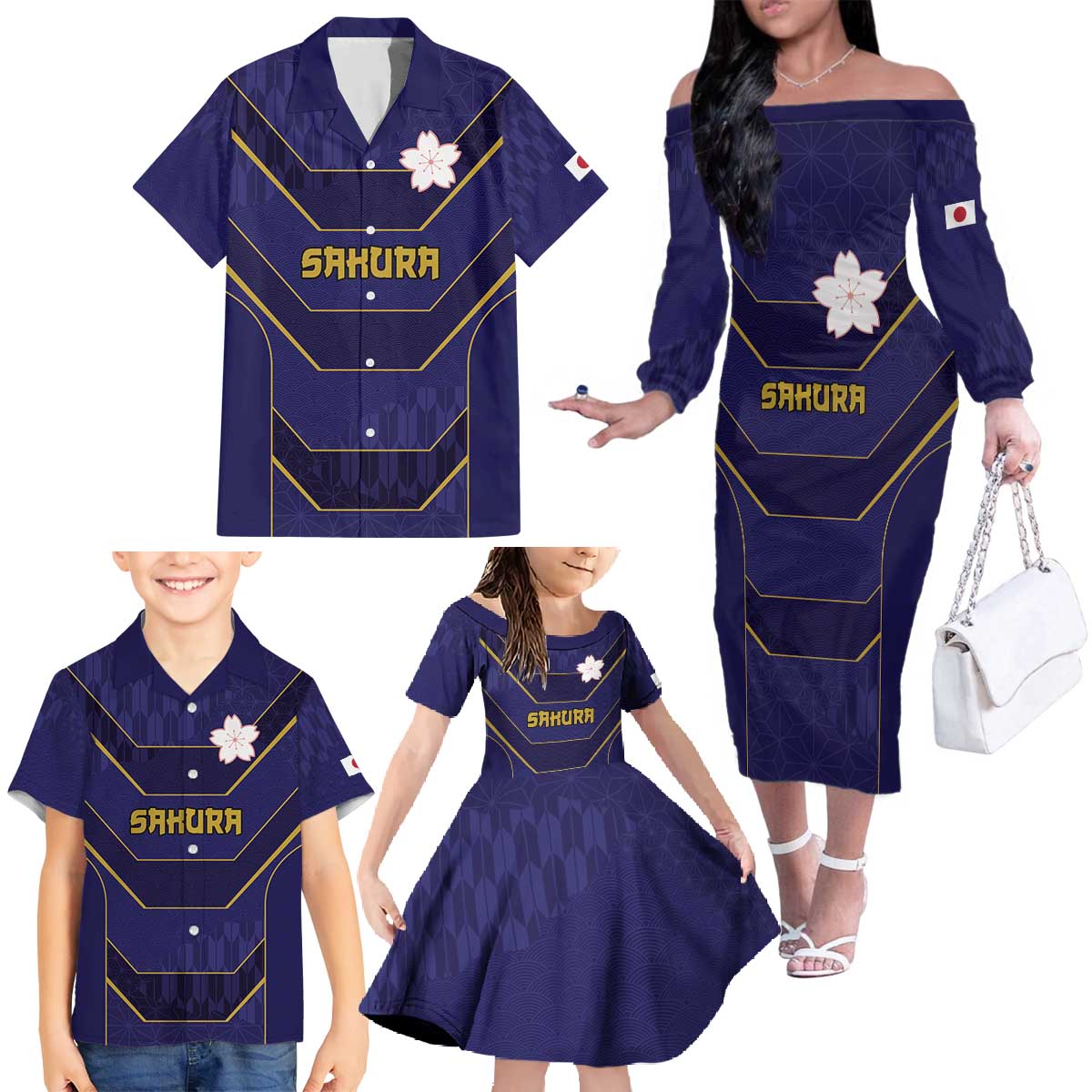 Japan Pacific Rugby 2022-23 Custom Family Matching Off The Shoulder Long Sleeve Dress and Hawaiian Shirt Blue Sakura Japanese Wave Pattern LT9 - Polynesian Pride