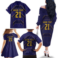 Japan Pacific Rugby 2022-23 Custom Family Matching Off The Shoulder Long Sleeve Dress and Hawaiian Shirt Blue Sakura Japanese Wave Pattern
