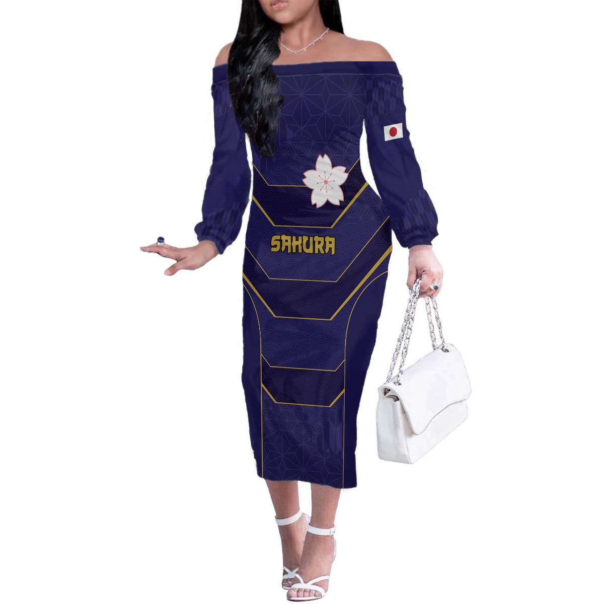Japan Pacific Rugby 2022-23 Custom Family Matching Off The Shoulder Long Sleeve Dress and Hawaiian Shirt Blue Sakura Japanese Wave Pattern