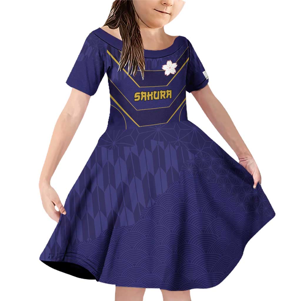 Japan Pacific Rugby 2022-23 Custom Family Matching Off Shoulder Short Dress and Hawaiian Shirt Blue Sakura Japanese Wave Pattern LT9 Daughter's Dress Blue - Polynesian Pride