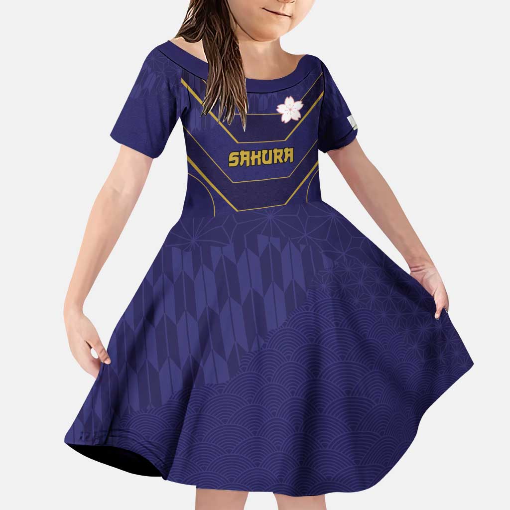 Japan Pacific Rugby 2022-23 Custom Family Matching Puletasi and Hawaiian Shirt Blue Sakura Japanese Wave Pattern LT9 Daughter's Dress Blue - Polynesian Pride