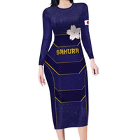 Japan Pacific Rugby 2022-23 Custom Long Sleeve Bodycon Dress Blue Sakura Japanese Wave Pattern