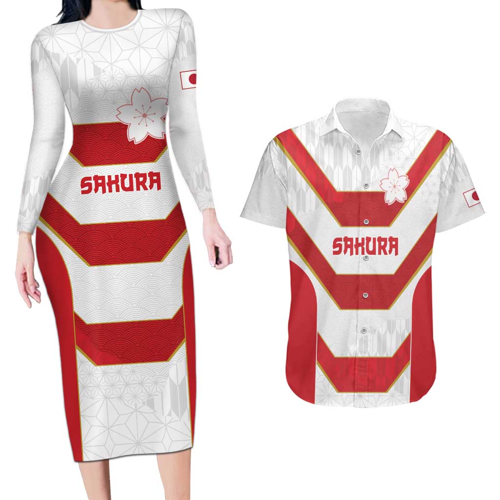 Japan Pacific Rugby 2022-23 Custom Couples Matching Long Sleeve Bodycon Dress and Hawaiian Shirt Red Sakura Japanese Wave Pattern LT9 Red - Polynesian Pride