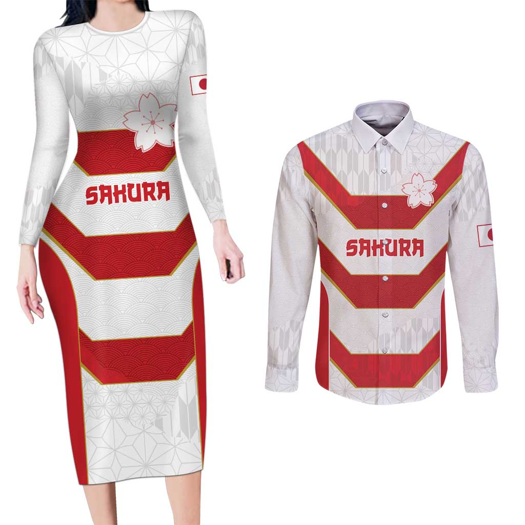 Japan Pacific Rugby 2022-23 Custom Couples Matching Long Sleeve Bodycon Dress and Long Sleeve Button Shirt Red Sakura Japanese Wave Pattern LT9 Red - Polynesian Pride
