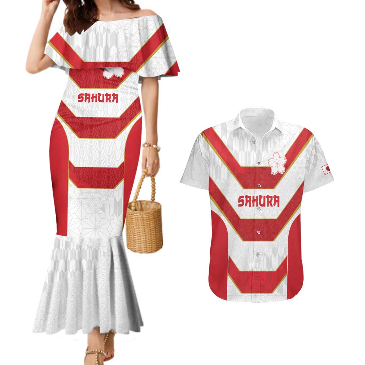 Japan Pacific Rugby 2022-23 Custom Couples Matching Mermaid Dress and Hawaiian Shirt Red Sakura Japanese Wave Pattern LT9 Red - Polynesian Pride