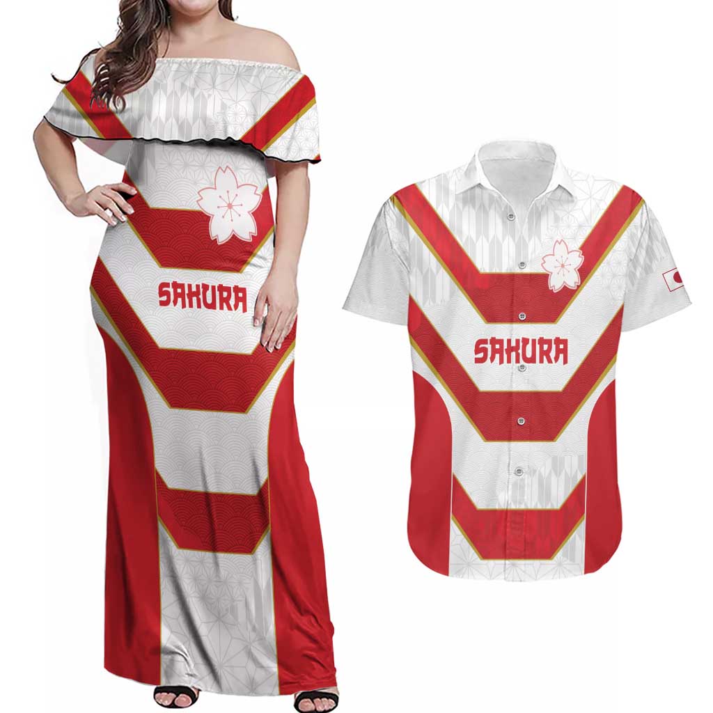 Japan Pacific Rugby 2022-23 Custom Couples Matching Off Shoulder Maxi Dress and Hawaiian Shirt Red Sakura Japanese Wave Pattern LT9 Red - Polynesian Pride