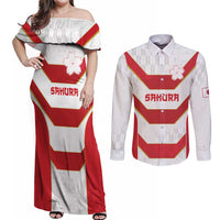 Japan Pacific Rugby 2022-23 Custom Couples Matching Off Shoulder Maxi Dress and Long Sleeve Button Shirt Red Sakura Japanese Wave Pattern LT9 Red - Polynesian Pride