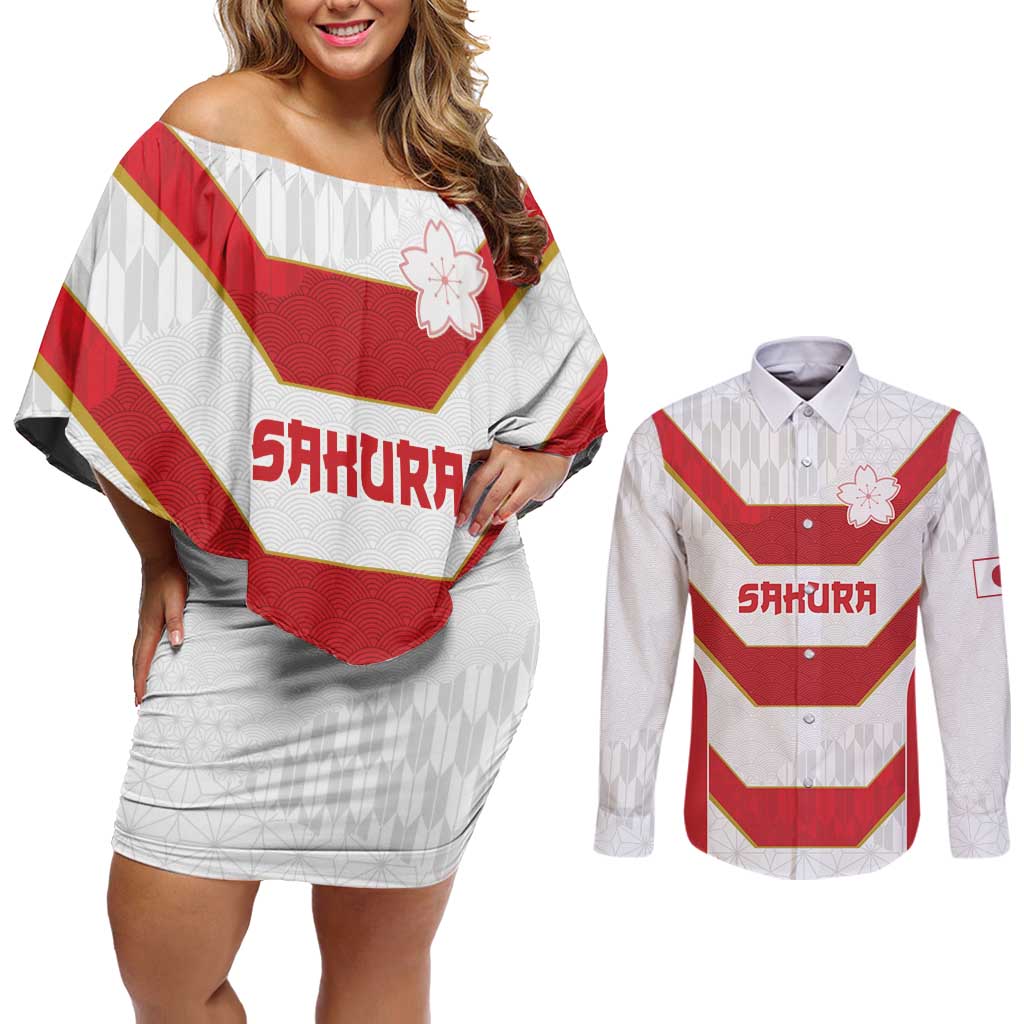 Japan Pacific Rugby 2022-23 Custom Couples Matching Off Shoulder Short Dress and Long Sleeve Button Shirt Red Sakura Japanese Wave Pattern LT9 Red - Polynesian Pride