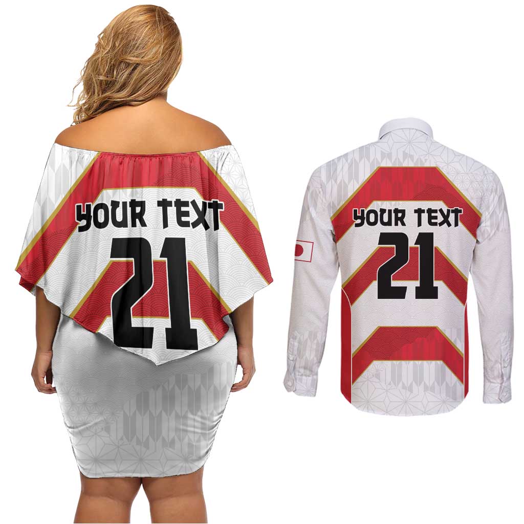 Japan Pacific Rugby 2022-23 Custom Couples Matching Off Shoulder Short Dress and Long Sleeve Button Shirt Red Sakura Japanese Wave Pattern LT9 - Polynesian Pride