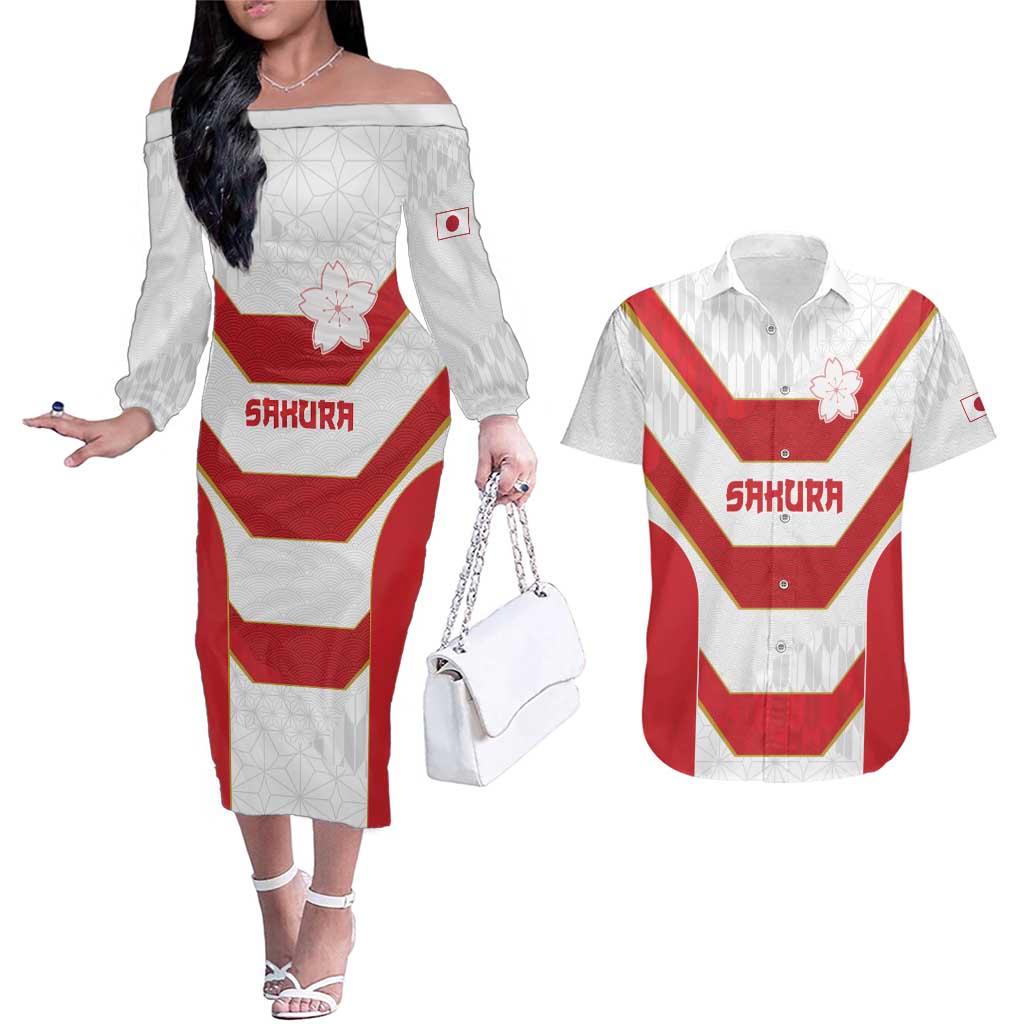 Japan Pacific Rugby 2022-23 Custom Couples Matching Off The Shoulder Long Sleeve Dress and Hawaiian Shirt Red Sakura Japanese Wave Pattern LT9 Red - Polynesian Pride