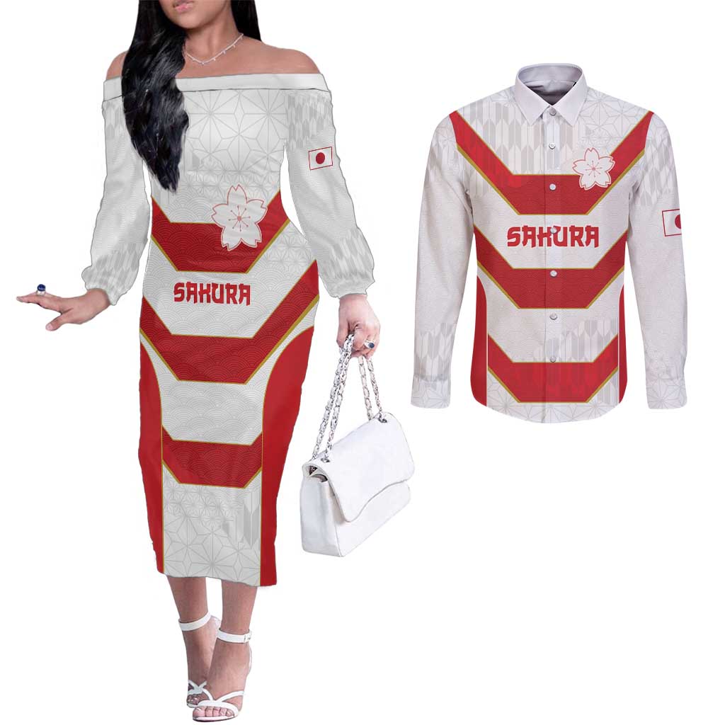 Japan Pacific Rugby 2022-23 Custom Couples Matching Off The Shoulder Long Sleeve Dress and Long Sleeve Button Shirt Red Sakura Japanese Wave Pattern LT9 Red - Polynesian Pride