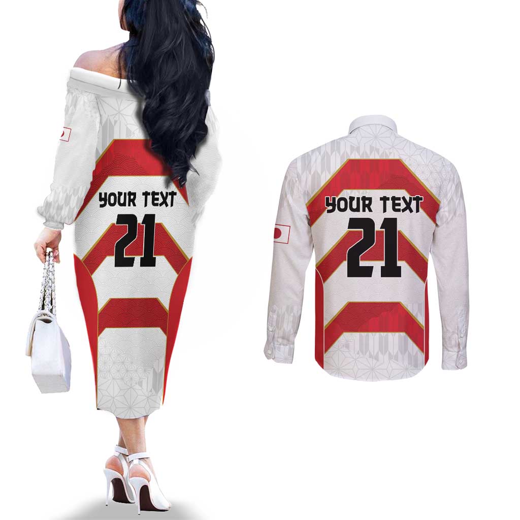 Japan Pacific Rugby 2022-23 Custom Couples Matching Off The Shoulder Long Sleeve Dress and Long Sleeve Button Shirt Red Sakura Japanese Wave Pattern LT9 - Polynesian Pride