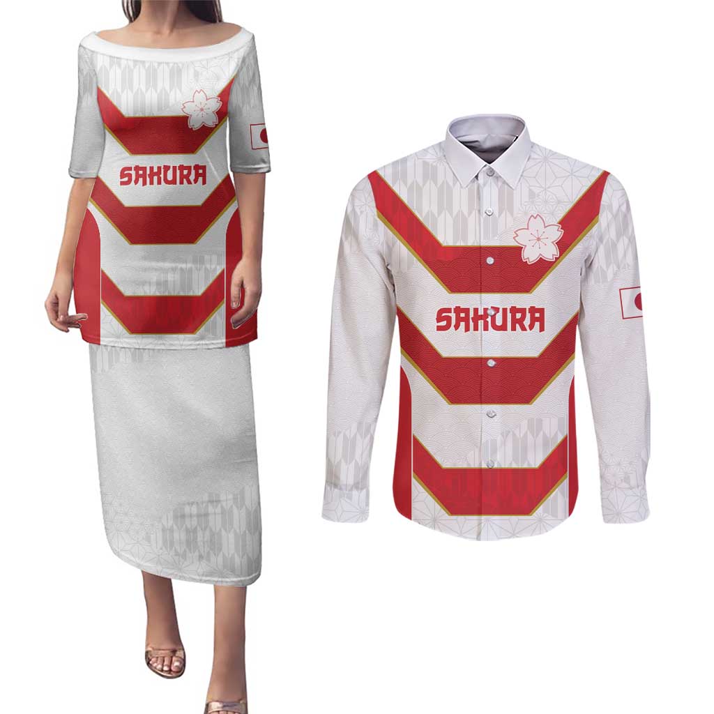 Japan Pacific Rugby 2022-23 Custom Couples Matching Puletasi and Long Sleeve Button Shirt Red Sakura Japanese Wave Pattern LT9 Red - Polynesian Pride