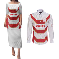 Japan Pacific Rugby 2022-23 Custom Couples Matching Puletasi and Long Sleeve Button Shirt Red Sakura Japanese Wave Pattern LT9 Red - Polynesian Pride