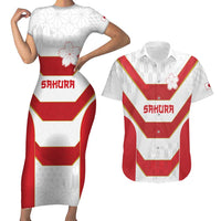 Japan Pacific Rugby 2022-23 Custom Couples Matching Short Sleeve Bodycon Dress and Hawaiian Shirt Red Sakura Japanese Wave Pattern LT9 Red - Polynesian Pride