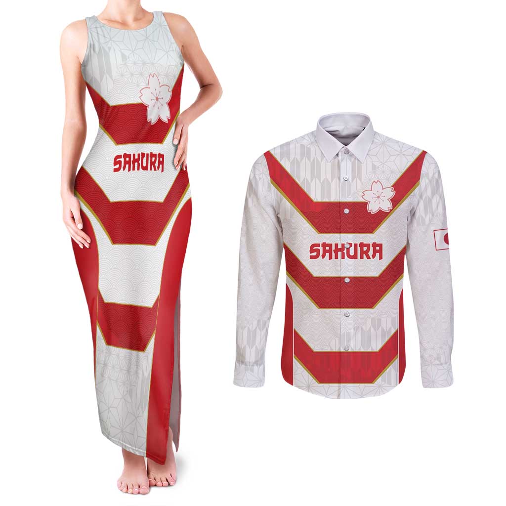 Japan Pacific Rugby 2022-23 Custom Couples Matching Tank Maxi Dress and Long Sleeve Button Shirt Red Sakura Japanese Wave Pattern LT9 Red - Polynesian Pride
