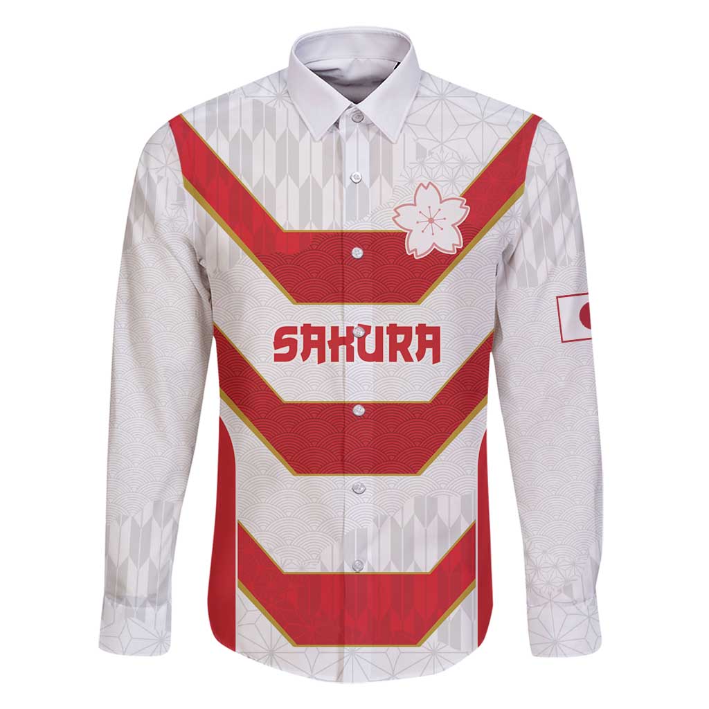Japan Pacific Rugby 2022-23 Custom Family Matching Off Shoulder Short Dress and Hawaiian Shirt Red Sakura Japanese Wave Pattern LT9 Dad's Shirt - Long Sleeve Red - Polynesian Pride