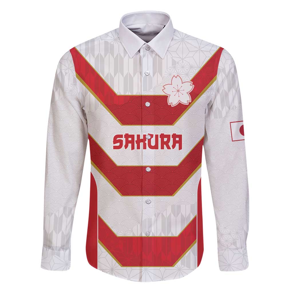 Japan Pacific Rugby 2022-23 Custom Family Matching Puletasi and Hawaiian Shirt Red Sakura Japanese Wave Pattern LT9 Dad's Shirt - Long Sleeve Red - Polynesian Pride