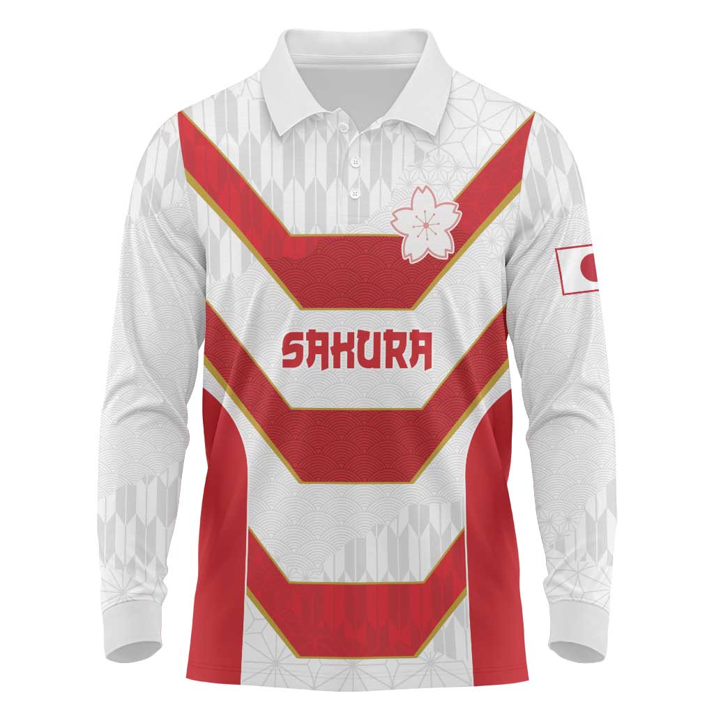 Japan Pacific Rugby 2022-23 Custom Long Sleeve Polo Shirt Red Sakura Japanese Wave Pattern
