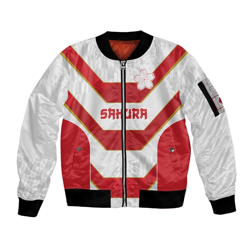 Japan Pacific Rugby 2022-23 Custom Sleeve Zip Bomber Jacket Red Sakura Japanese Wave Pattern