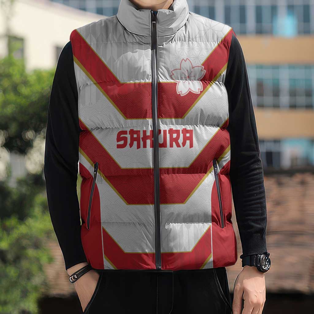 Japan Pacific Rugby 2022-23 Custom Sleeveless Puffer Jacket Red Sakura Japanese Wave Pattern LT9 - Polynesian Pride