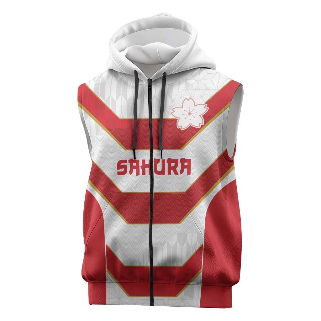 Japan Pacific Rugby 2022-23 Custom Sleeveless Zip Hoodie Red Sakura Japanese Wave Pattern LT9 Red - Polynesian Pride