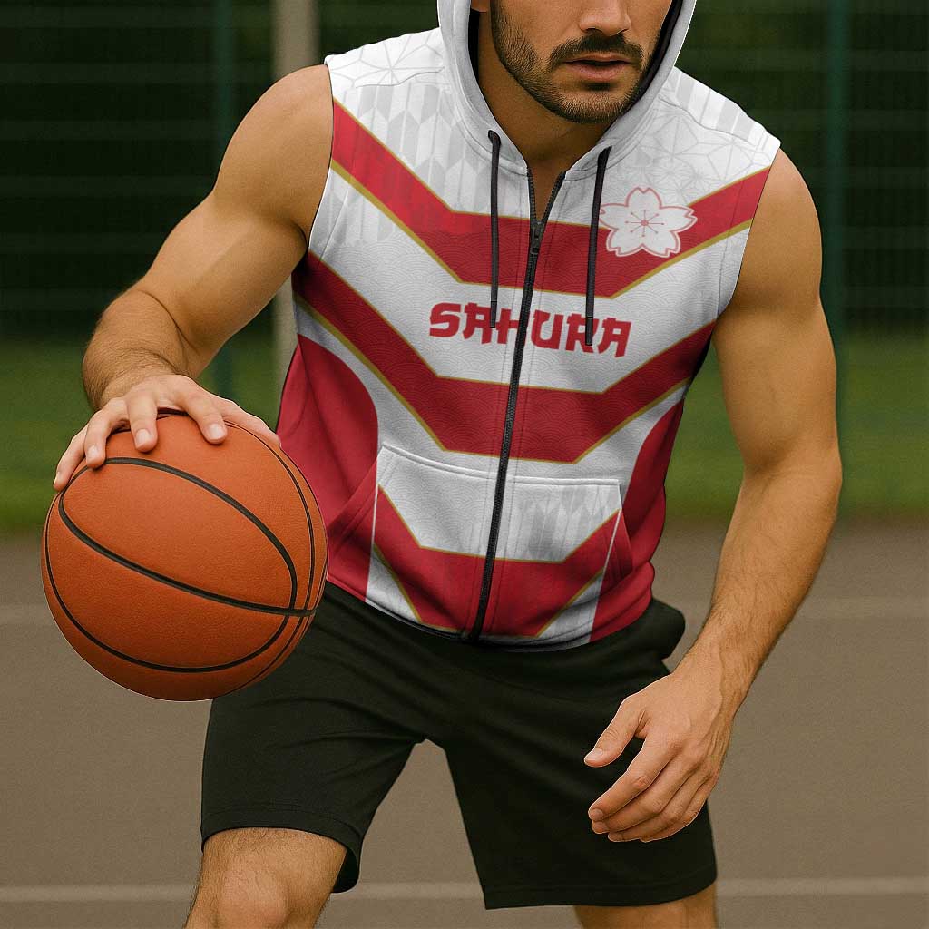Japan Pacific Rugby 2022-23 Custom Sleeveless Zip Hoodie Red Sakura Japanese Wave Pattern LT9 - Polynesian Pride