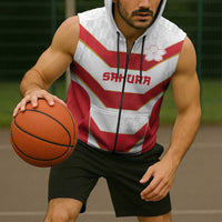 Japan Pacific Rugby 2022-23 Custom Sleeveless Zip Hoodie Red Sakura Japanese Wave Pattern LT9 - Polynesian Pride