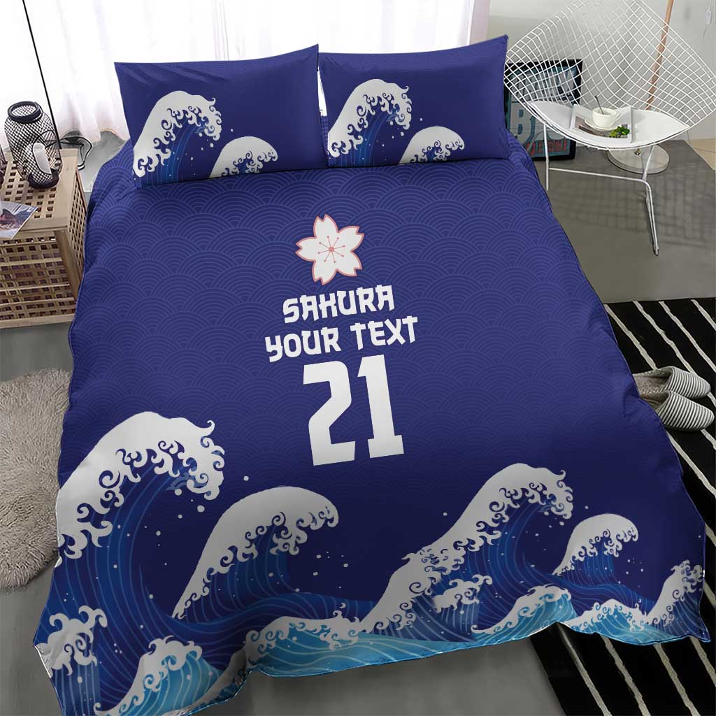 Japan Pacific Rugby Custom Bedding Set Go Sakura Japanese Wave Pattern