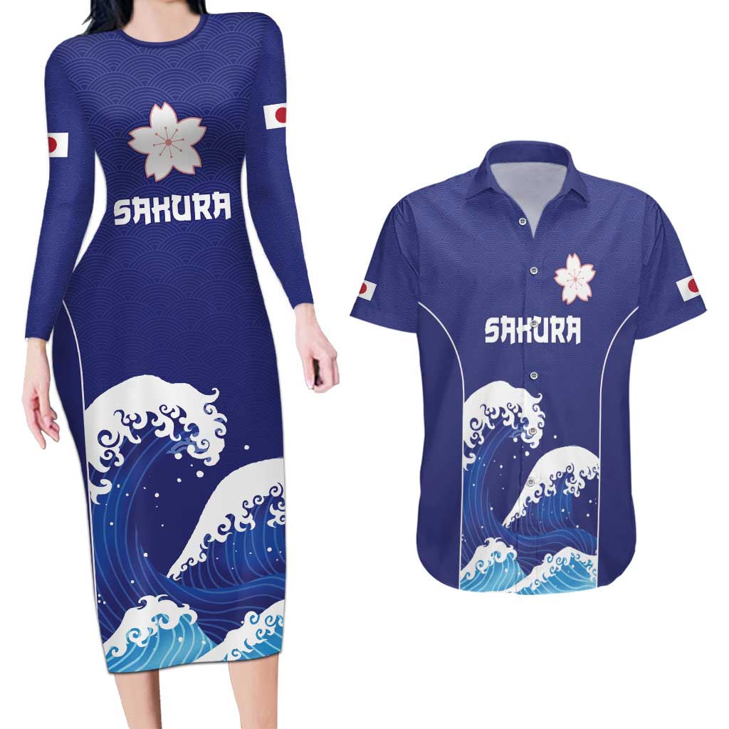 Japan Pacific Rugby Custom Couples Matching Long Sleeve Bodycon Dress and Hawaiian Shirt Go Sakura Japanese Wave Pattern LT9 Blue - Polynesian Pride