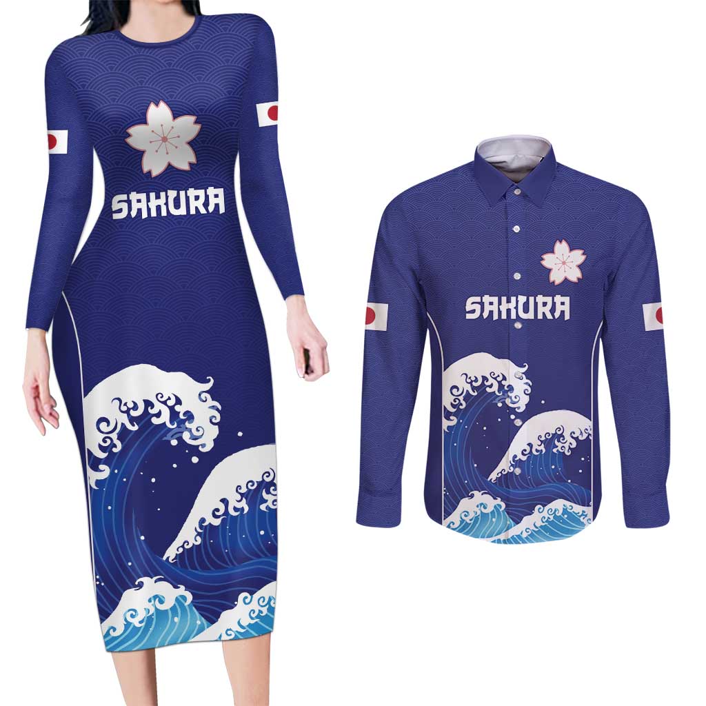 Japan Pacific Rugby Custom Couples Matching Long Sleeve Bodycon Dress and Long Sleeve Button Shirt Go Sakura Japanese Wave Pattern LT9 Blue - Polynesian Pride