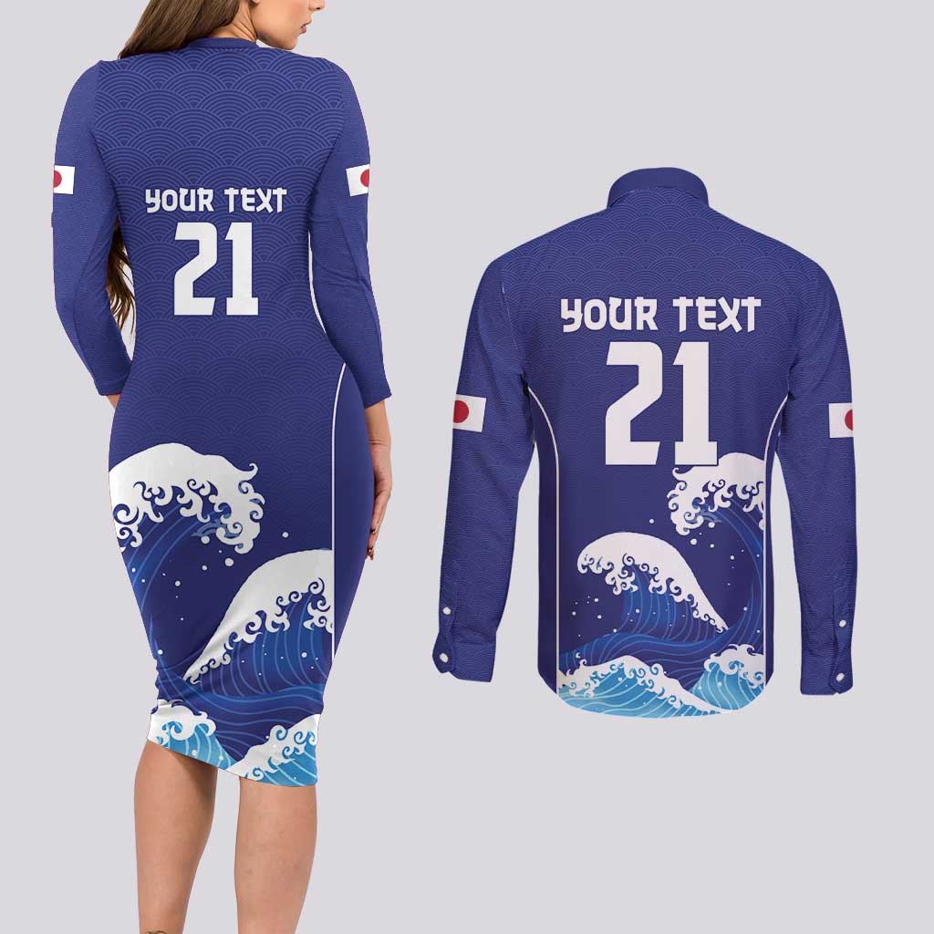 Japan Pacific Rugby Custom Couples Matching Long Sleeve Bodycon Dress and Long Sleeve Button Shirt Go Sakura Japanese Wave Pattern LT9 - Polynesian Pride