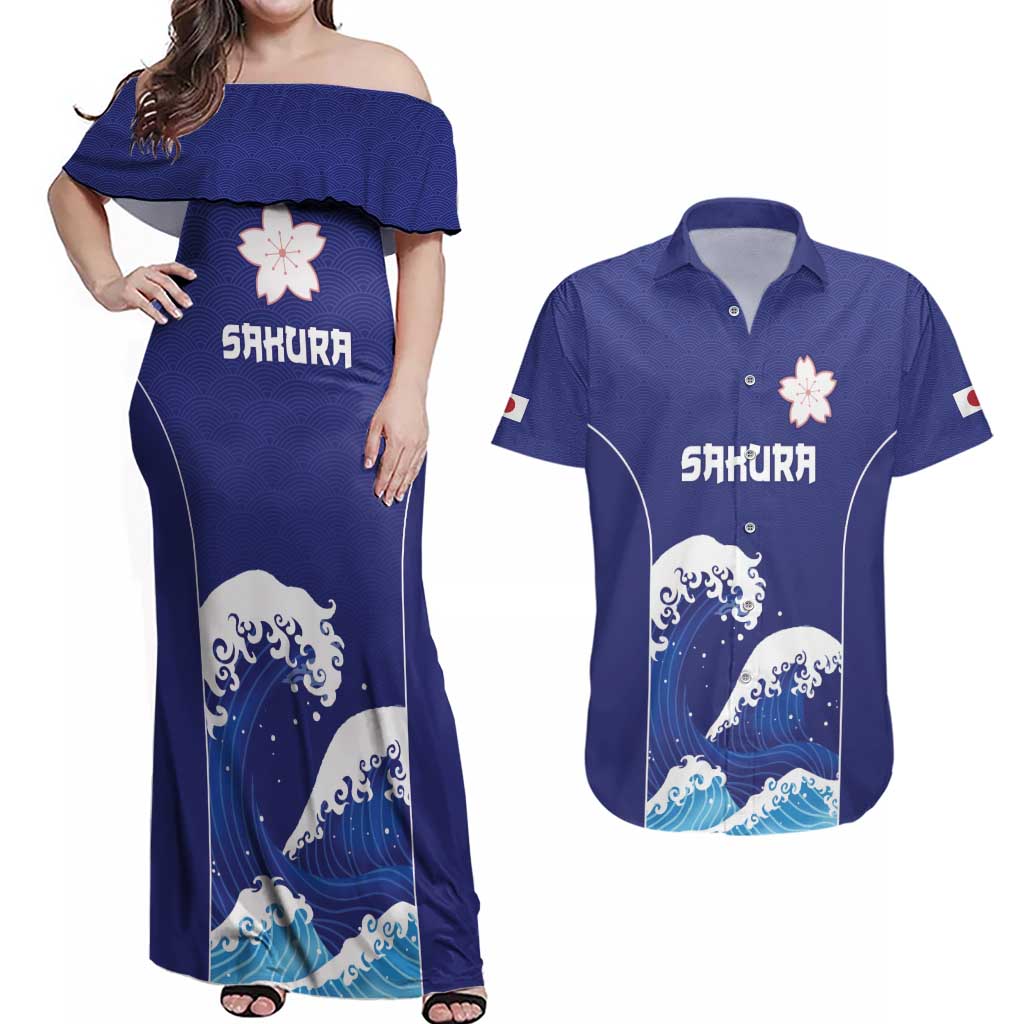 Japan Pacific Rugby Custom Couples Matching Off Shoulder Maxi Dress and Hawaiian Shirt Go Sakura Japanese Wave Pattern LT9 Blue - Polynesian Pride
