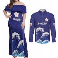 Japan Pacific Rugby Custom Couples Matching Off Shoulder Maxi Dress and Long Sleeve Button Shirt Go Sakura Japanese Wave Pattern LT9 Blue - Polynesian Pride