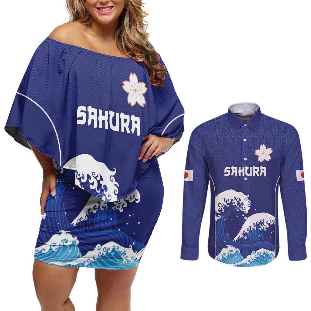 Japan Pacific Rugby Custom Couples Matching Off Shoulder Short Dress and Long Sleeve Button Shirt Go Sakura Japanese Wave Pattern LT9 Blue - Polynesian Pride
