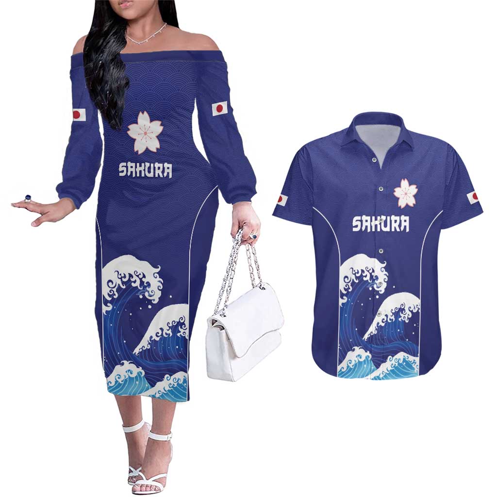 Japan Pacific Rugby Custom Couples Matching Off The Shoulder Long Sleeve Dress and Hawaiian Shirt Go Sakura Japanese Wave Pattern LT9 Blue - Polynesian Pride
