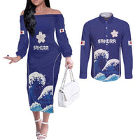 Japan Pacific Rugby Custom Couples Matching Off The Shoulder Long Sleeve Dress and Long Sleeve Button Shirt Go Sakura Japanese Wave Pattern LT9 Blue - Polynesian Pride