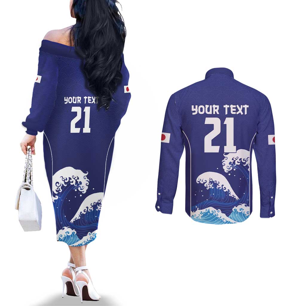 Japan Pacific Rugby Custom Couples Matching Off The Shoulder Long Sleeve Dress and Long Sleeve Button Shirt Go Sakura Japanese Wave Pattern LT9 - Polynesian Pride