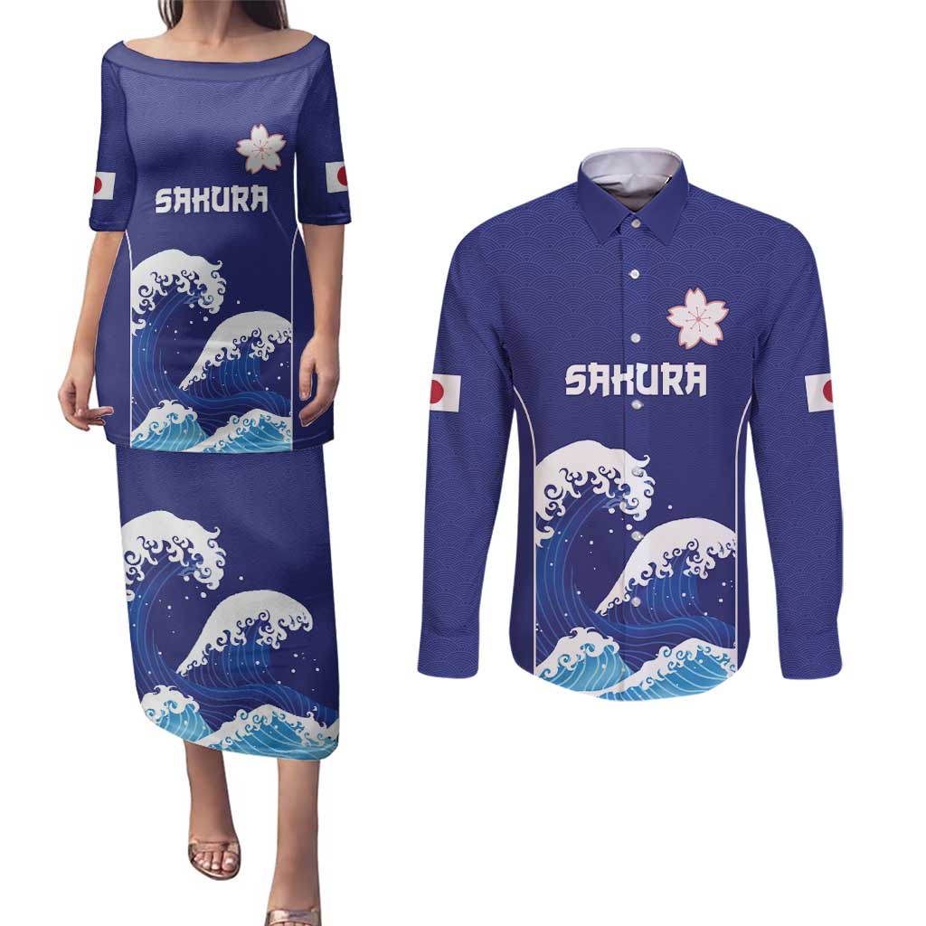 Japan Pacific Rugby Custom Couples Matching Puletasi and Long Sleeve Button Shirt Go Sakura Japanese Wave Pattern LT9 Blue - Polynesian Pride