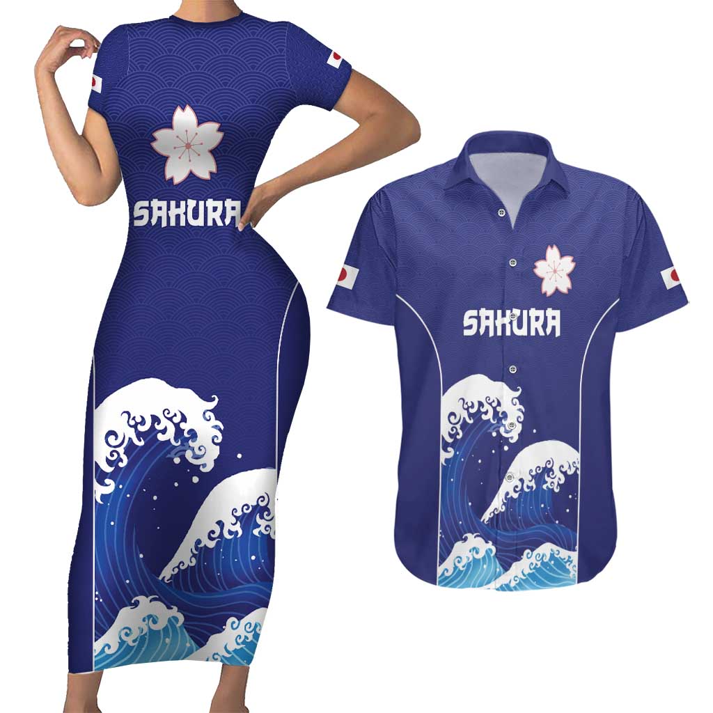Japan Pacific Rugby Custom Couples Matching Short Sleeve Bodycon Dress and Hawaiian Shirt Go Sakura Japanese Wave Pattern LT9 Blue - Polynesian Pride