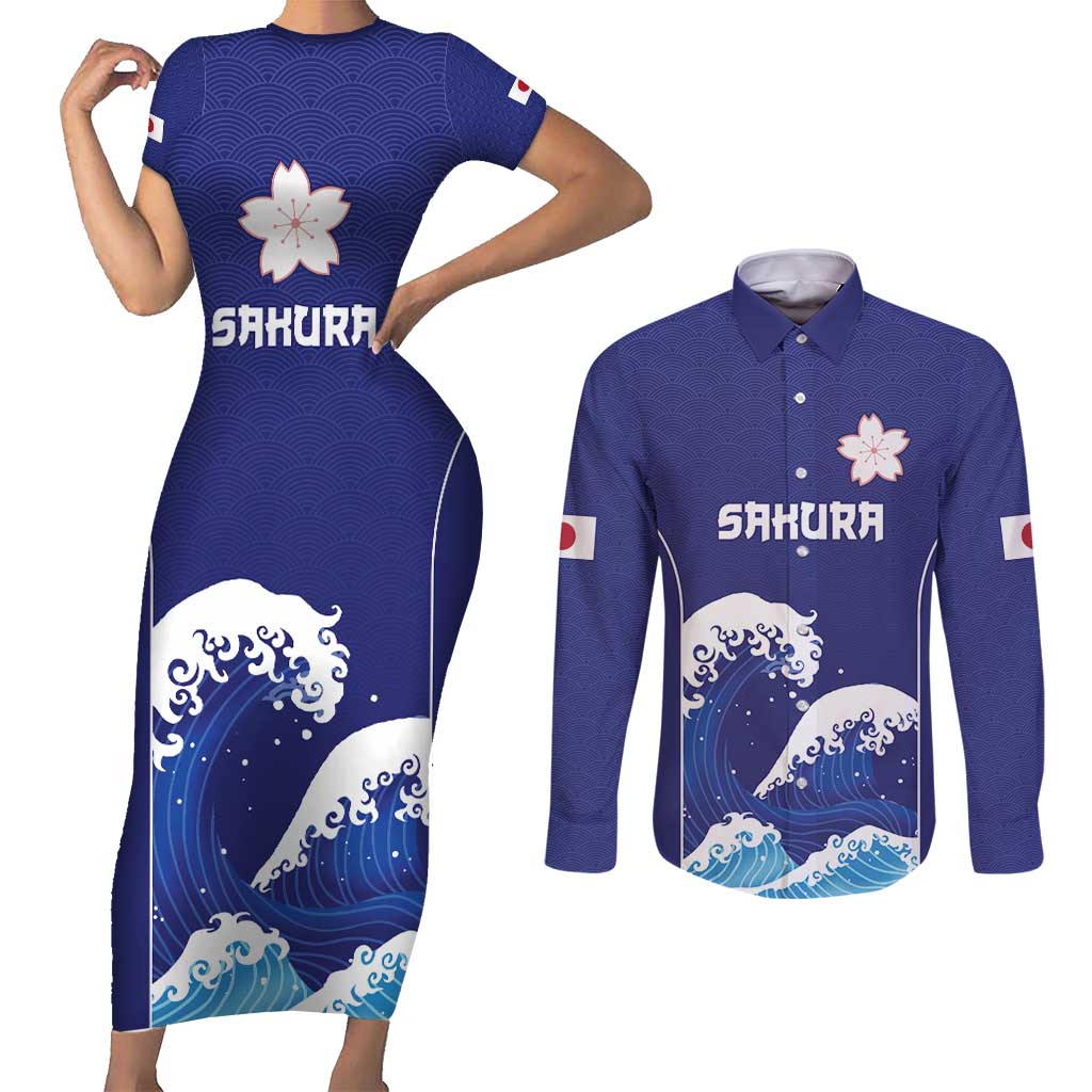 Japan Pacific Rugby Custom Couples Matching Short Sleeve Bodycon Dress and Long Sleeve Button Shirt Go Sakura Japanese Wave Pattern LT9 Blue - Polynesian Pride