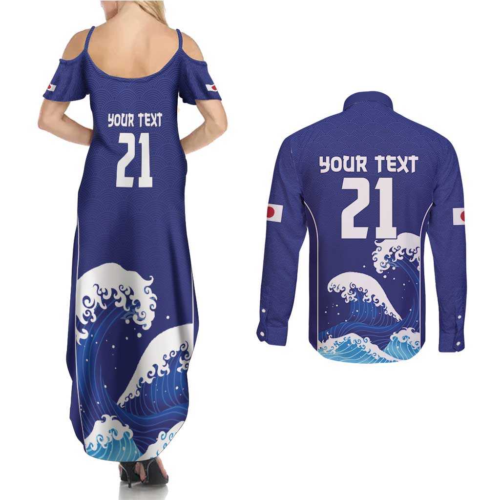 Japan Pacific Rugby Custom Couples Matching Summer Maxi Dress and Long Sleeve Button Shirt Go Sakura Japanese Wave Pattern LT9 - Polynesian Pride