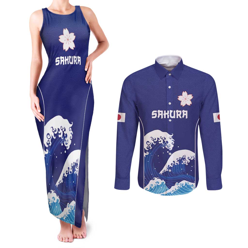 Japan Pacific Rugby Custom Couples Matching Tank Maxi Dress and Long Sleeve Button Shirt Go Sakura Japanese Wave Pattern LT9 Blue - Polynesian Pride