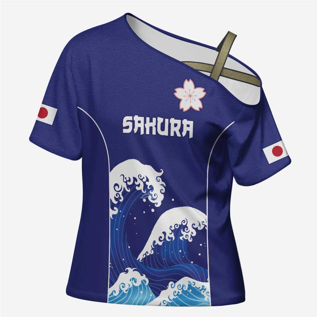 Japan Pacific Rugby Custom Cross Shoulder Shirt Go Sakura Japanese Wave Pattern LT9 Female Blue - Polynesian Pride
