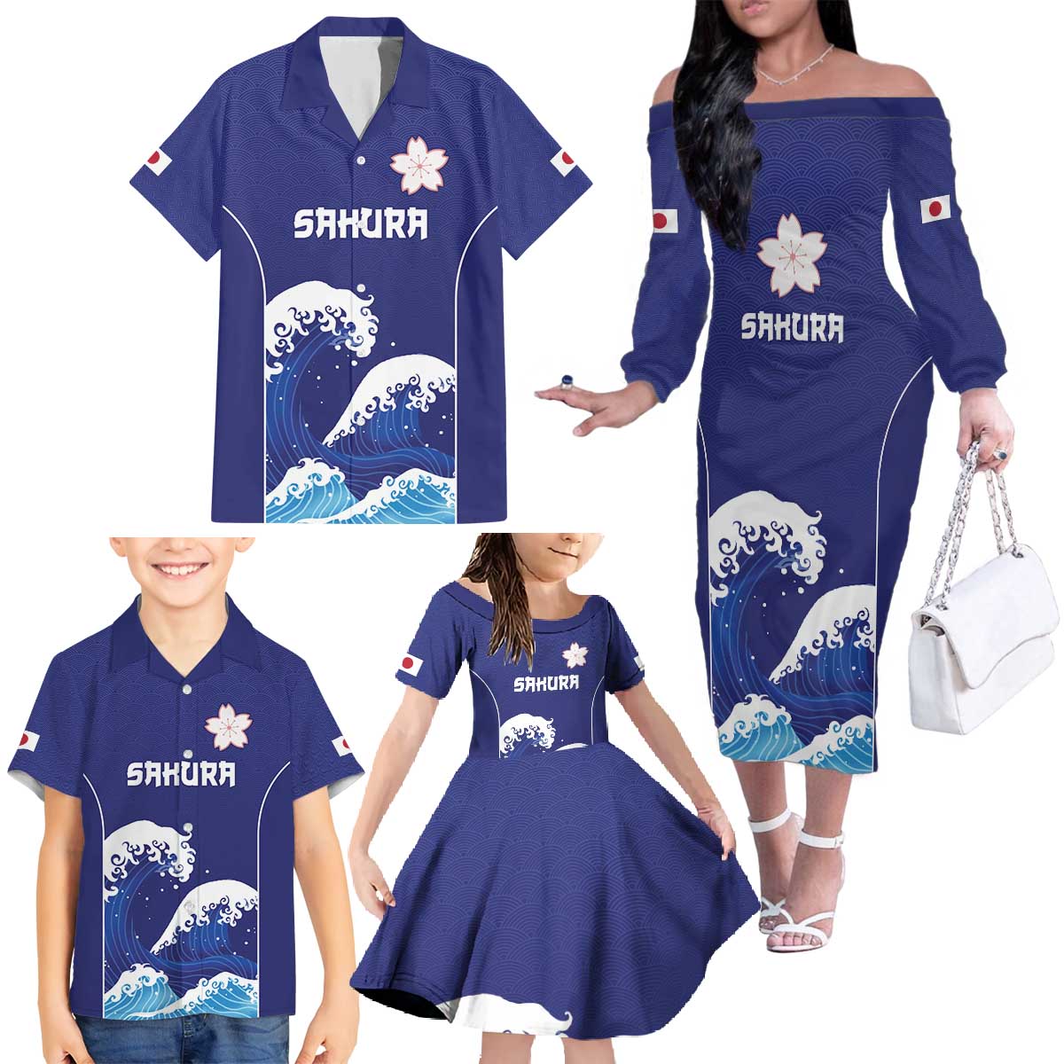 Japan Pacific Rugby Custom Family Matching Off The Shoulder Long Sleeve Dress and Hawaiian Shirt Go Sakura Japanese Wave Pattern LT9 - Polynesian Pride